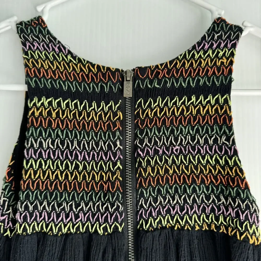 Roxy Black Shirred Dress Multicolored Stitching
